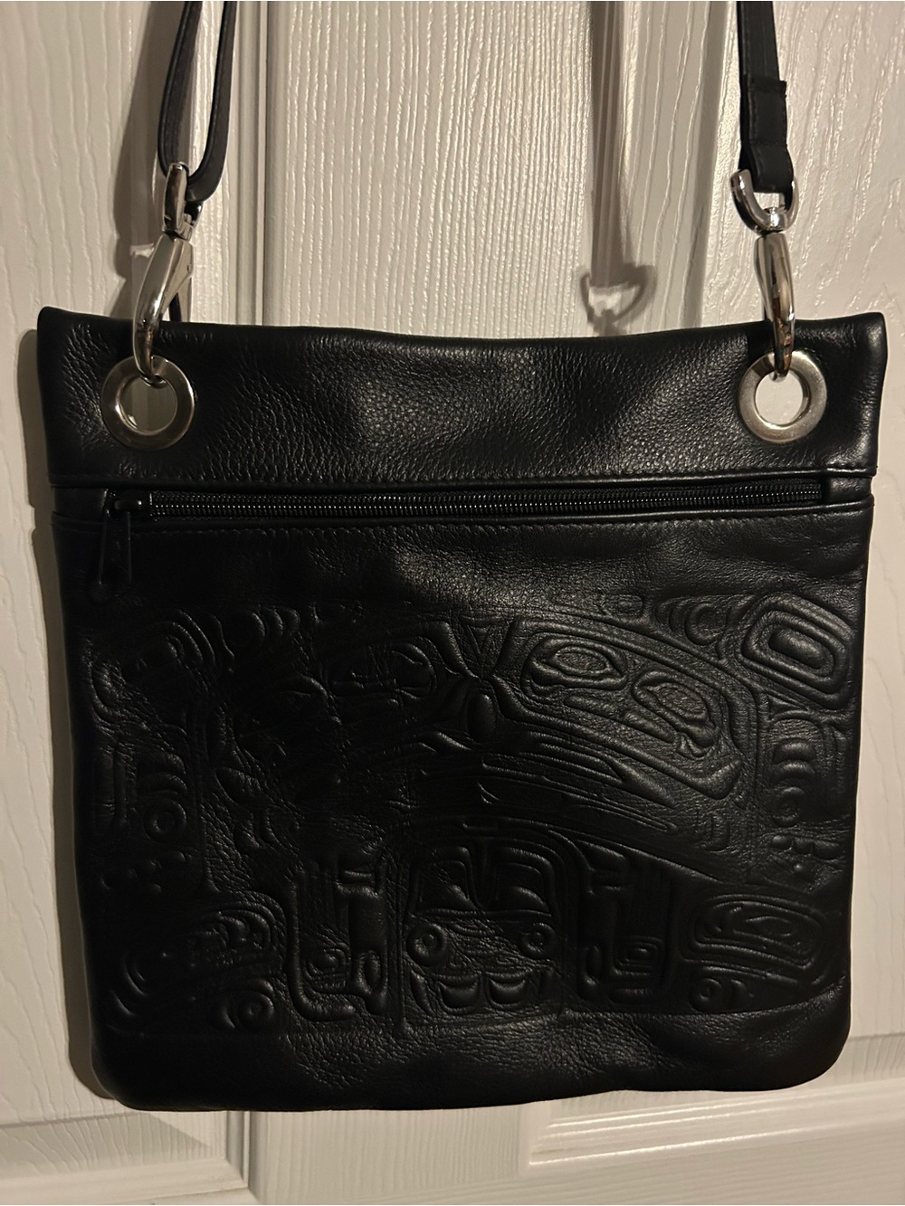 Spirit of the Wild Black Embossed Leather Crossbody Bag with Silver Hardware